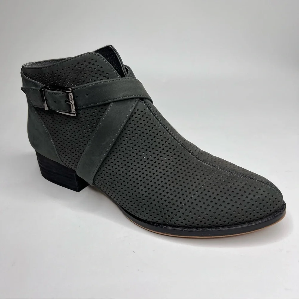 Vince Camuto Casha Gray Perforated Suede Side Zip Buckled Accent Ankle Boot